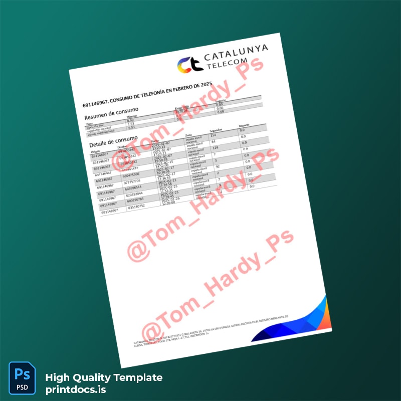 Spain Catalunya Telecom Editable Utility Bill Template in Word and PDF formats page 2