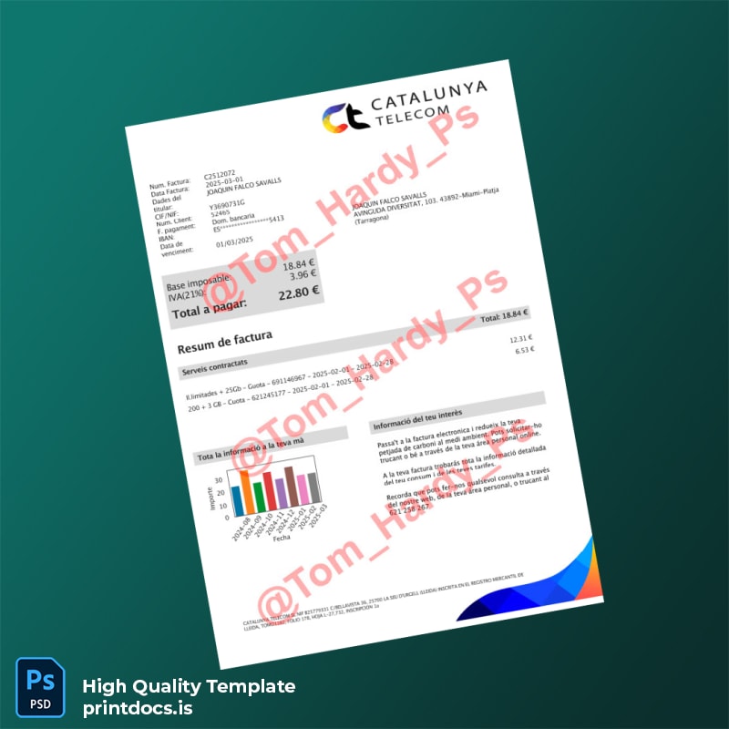 Spain Catalunya Telecom Editable Utility Bill Template in Word and PDF formats