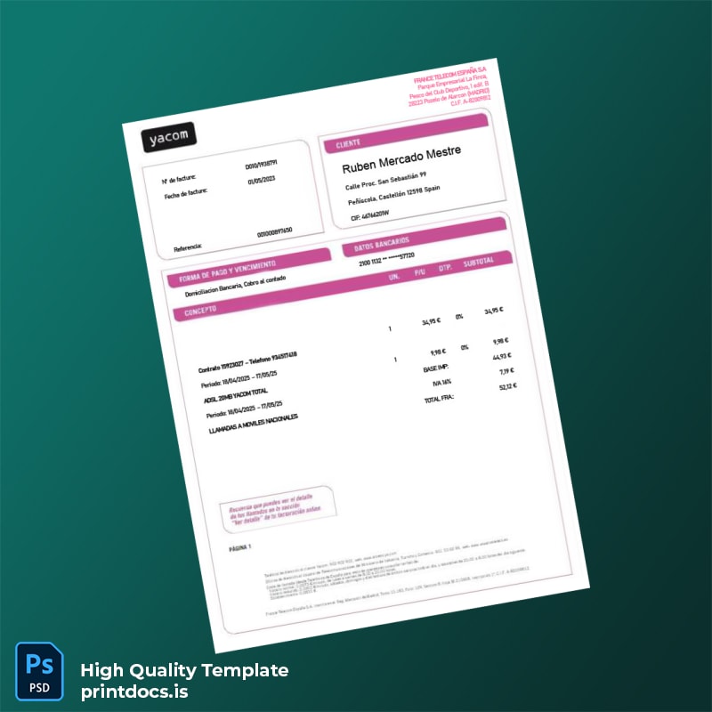 Spain France Telecom Espa A S A Editable Utility Bill Template in Word and PDF formats