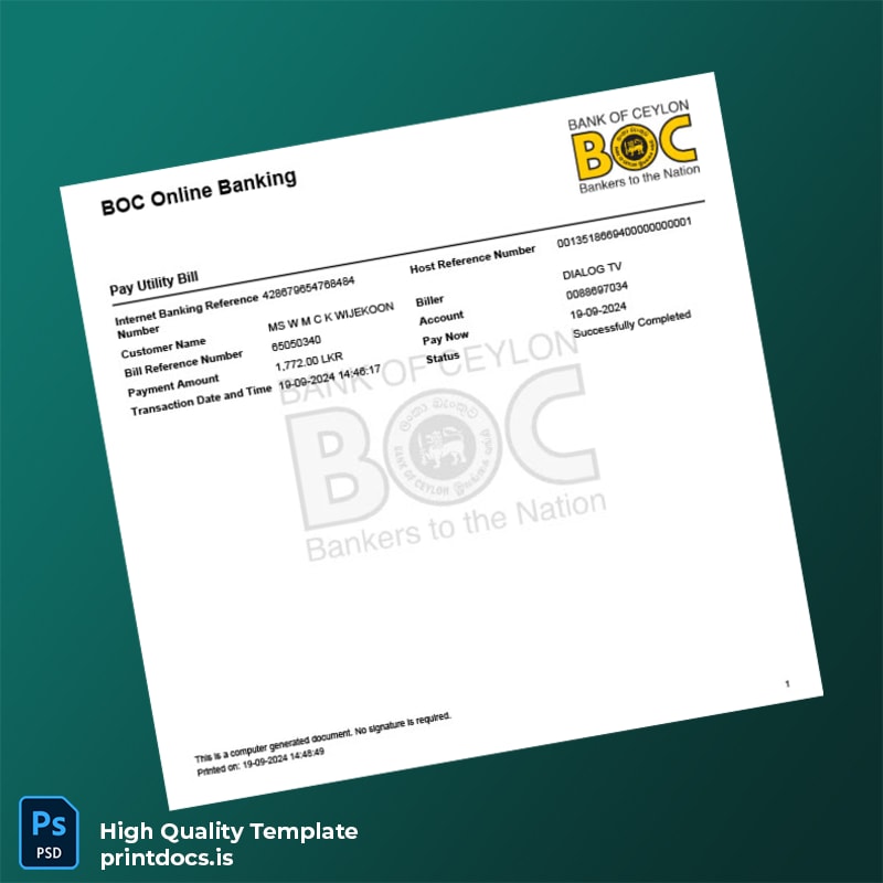 Sri Lanka Bank Of Ceylon Editable Utility Bill Template in Word and PDF formats