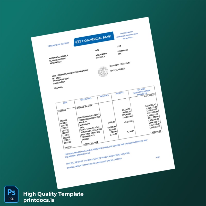 Sri Lanka Commercial Bank of Ceylon Bank Statement Template in Word and PDF formats