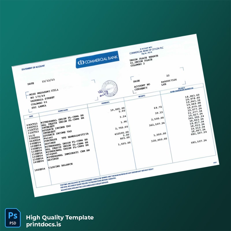 Sri Lanka Commercial Bank of Ceylon PLC Bank Statement Template in Word and PDF formats page 2