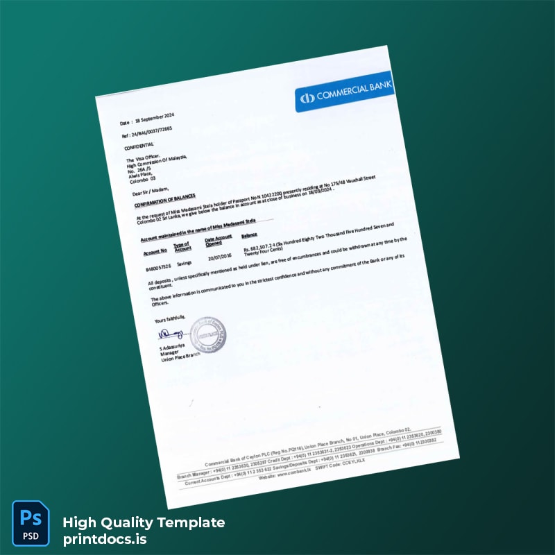 Sri Lanka Commercial Bank of Ceylon PLC Bank Statement Template in Word and PDF formats