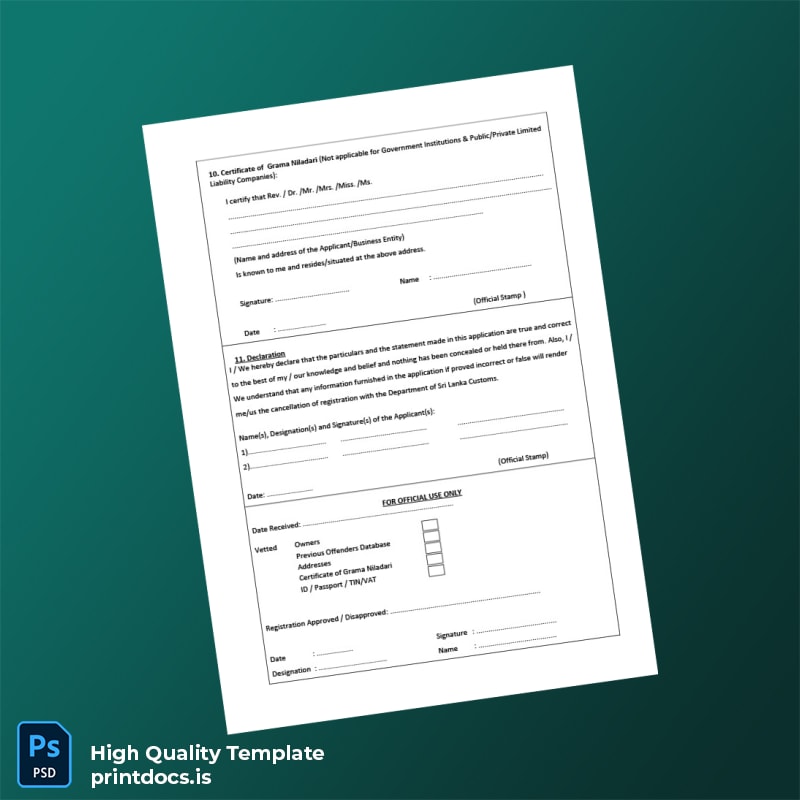 Printable Sri Lanka Customs Registration Form for Importers and Exporters Template in Word and PDF formats page 3 Image Preview - PrintDocs