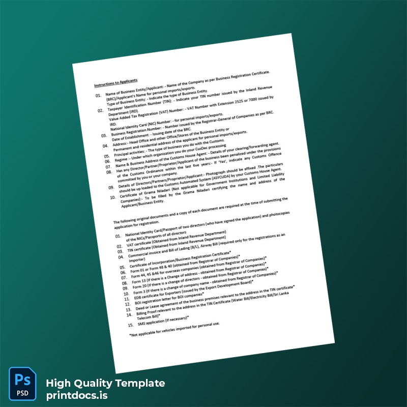 Printable Sri Lanka Customs Registration Form for Importers and Exporters Template in Word and PDF formats page 4 Image Preview - PrintDocs