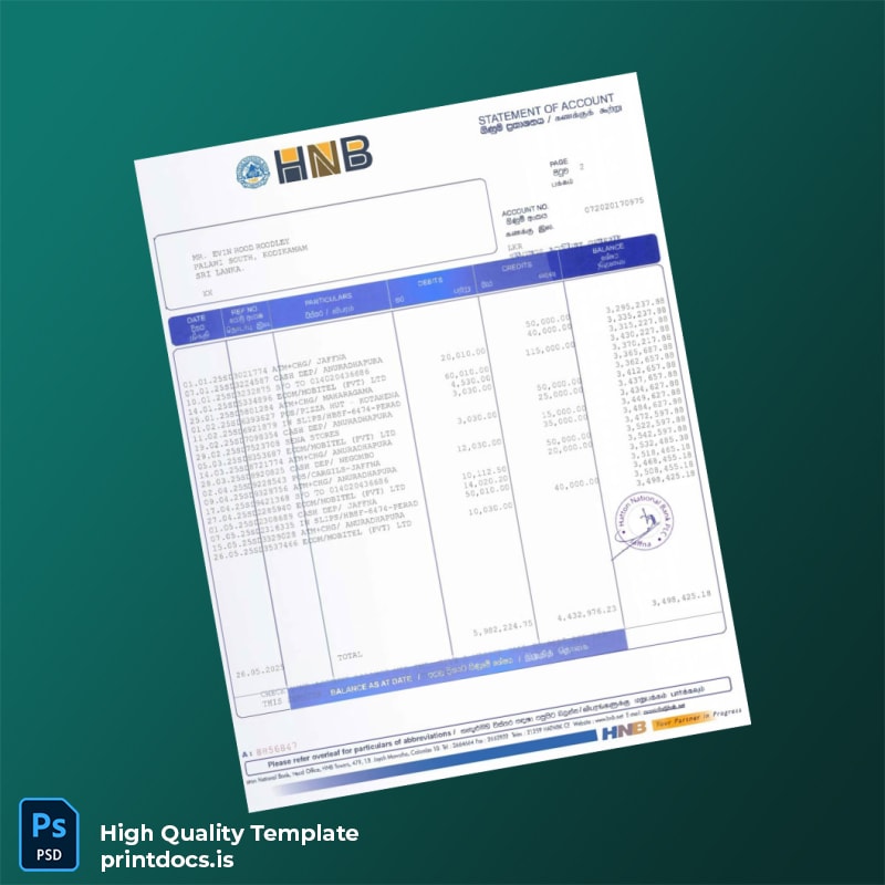 Sri Lanka HNB Bank Statement Template in Word and PDF formats page 2