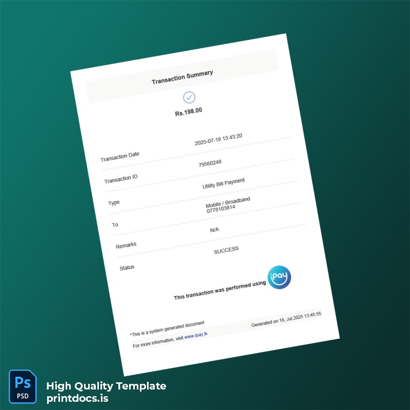 Sri Lanka Ipay Editable Utility Bill Template in Word and PDF formats