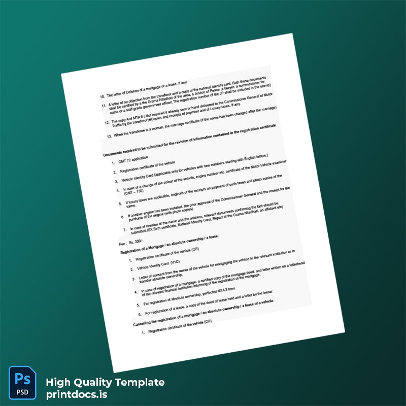 Printable Sri Lanka Vehicle Registration Authority Vehicle Ownership Transfer Registration Certificate Template in Word and PDF formats page 3 Image Preview