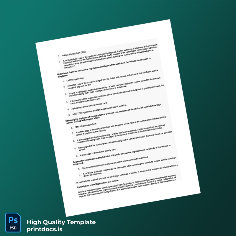 Printable Sri Lanka Vehicle Registration Authority Vehicle Ownership Transfer Registration Certificate Template in Word and PDF formats page 4 Image Preview