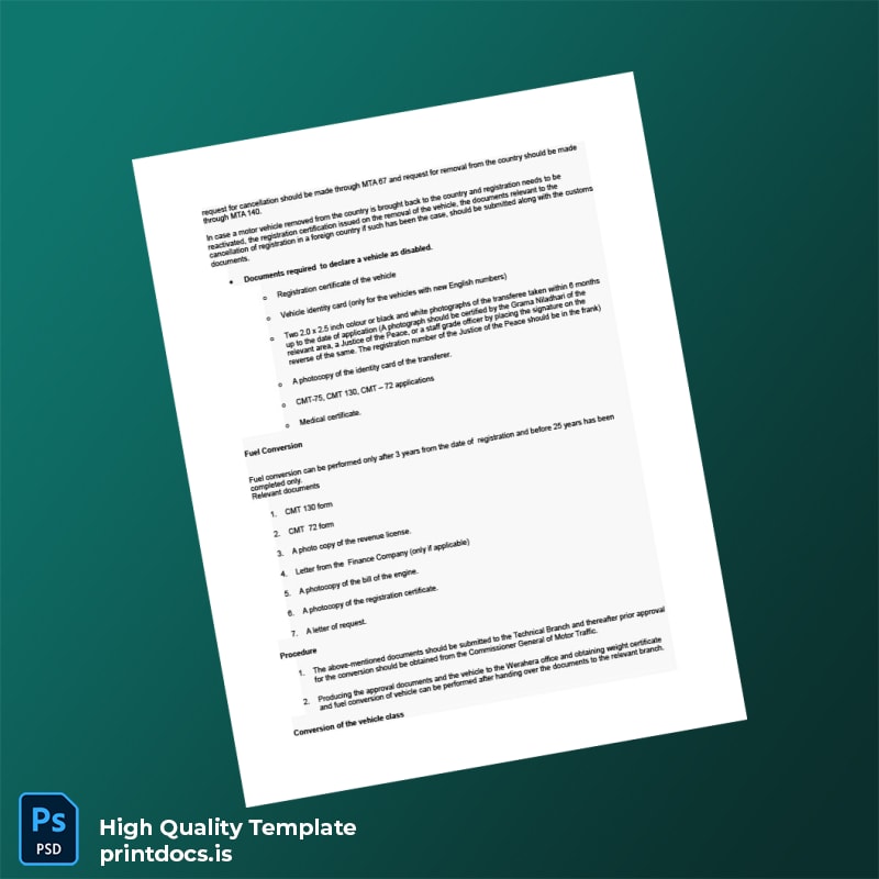 Printable Sri Lanka Vehicle Registration Authority Vehicle Ownership Transfer Registration Certificate Template in Word and PDF formats page 5 Image Preview