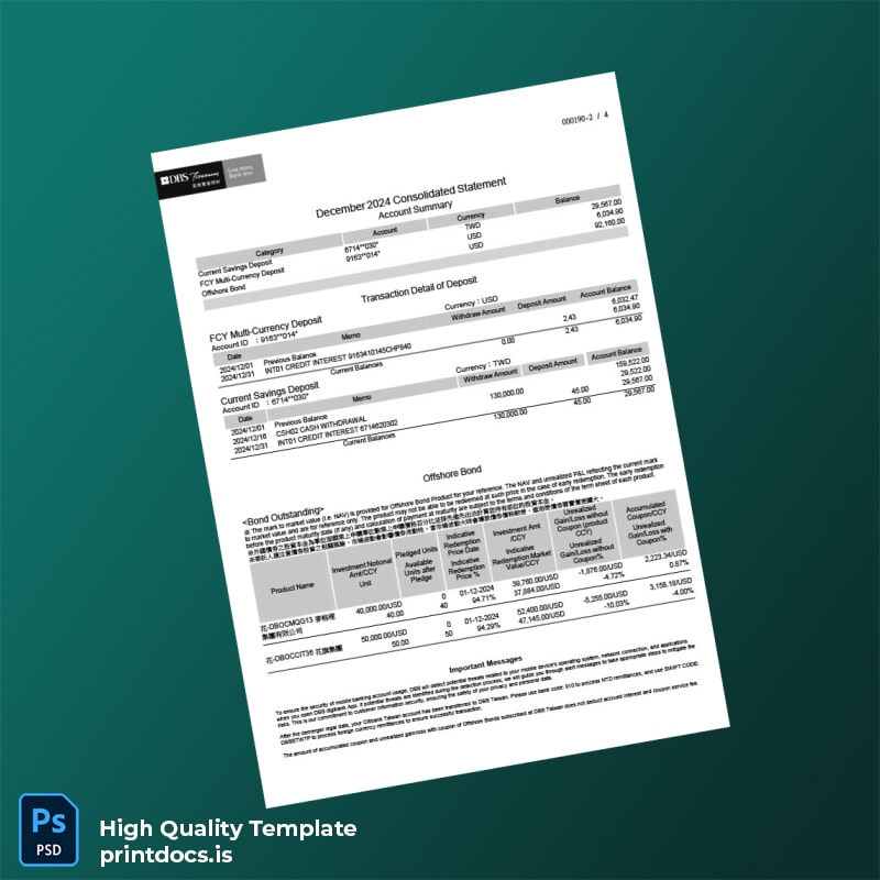 Taiwan DBS Bank Statement Template in Word and PDF formats page 2