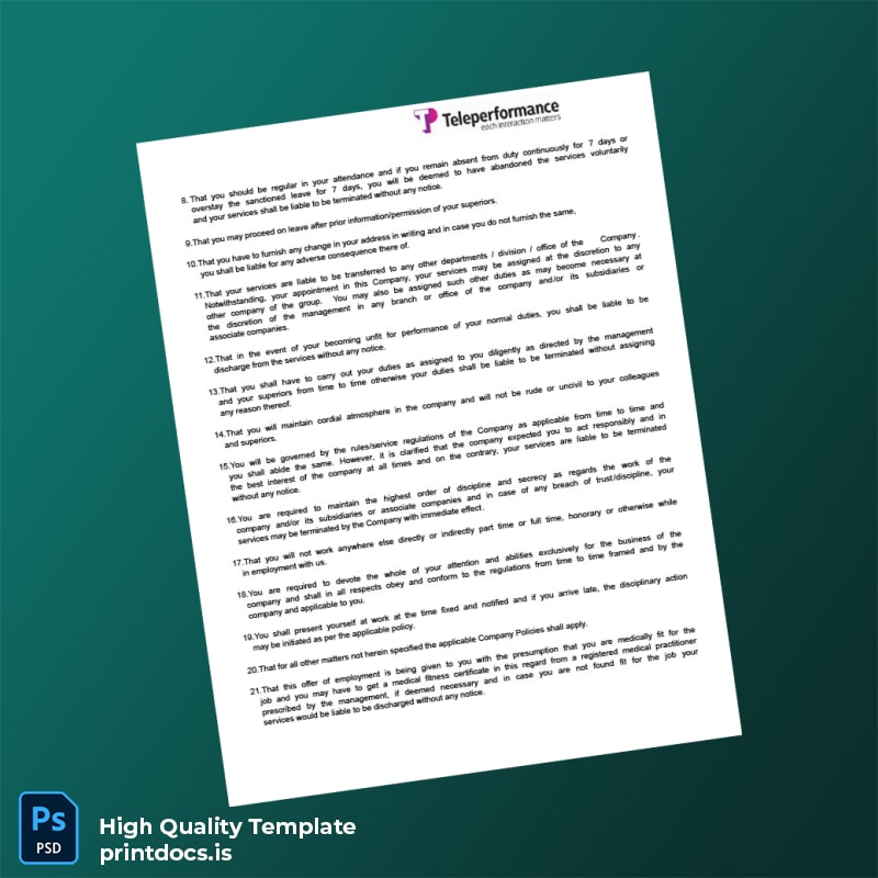 Printable Teleperformance Employment Verification Letter Template in Word and PDF formats page 2 Image Preview - PrintDocs