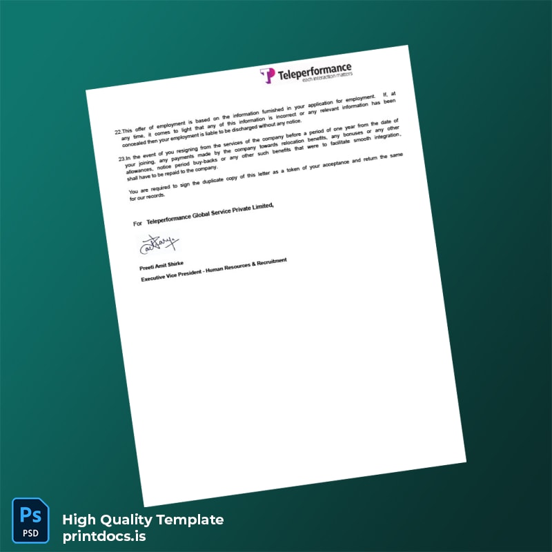 Printable Teleperformance Employment Verification Letter Template in Word and PDF formats page 3 Image Preview - PrintDocs
