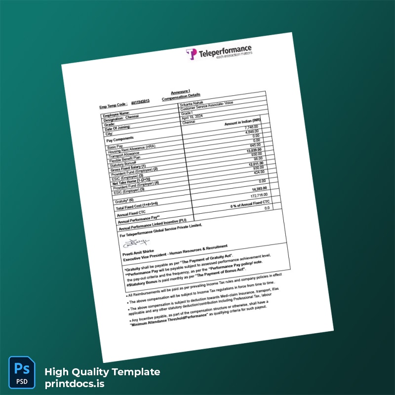 Printable Teleperformance Employment Verification Letter Template in Word and PDF formats page 4 Image Preview - PrintDocs