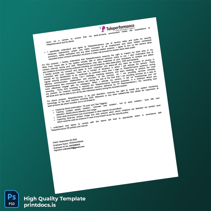 Printable Teleperformance Employment Verification Letter Template in Word and PDF formats page 6 Image Preview - PrintDocs