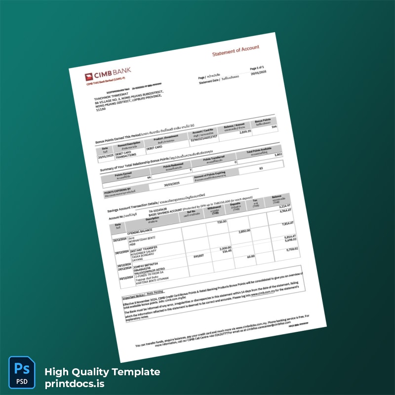 Thailand CIMB Bank Statement Template in Word and PDF formats