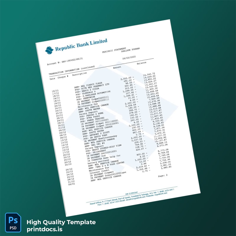 Trinidad and Tobago Republic Bank Statement Template in Word and PDF formats page 2