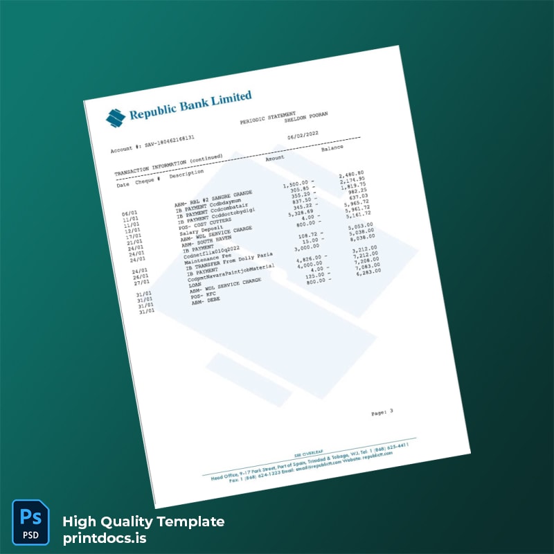 Trinidad and Tobago Republic Bank Statement Template in Word and PDF formats page 3