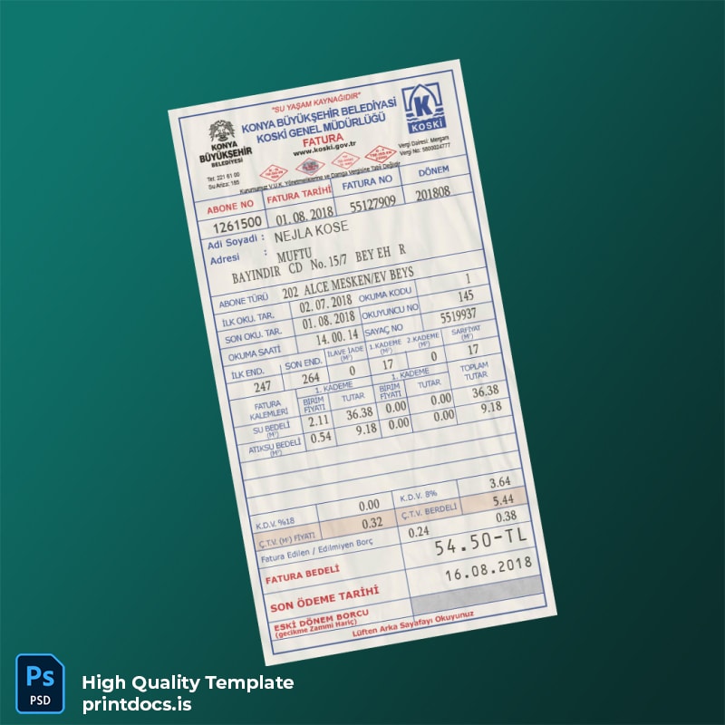 Turkey Unknown Editable Utility Bill Template in Word and PDF formats