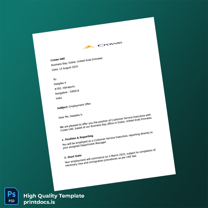 Printable UAE Crowe UAE Employment Verification Letter Template (Word & PDF) Image Preview - PrintDocs