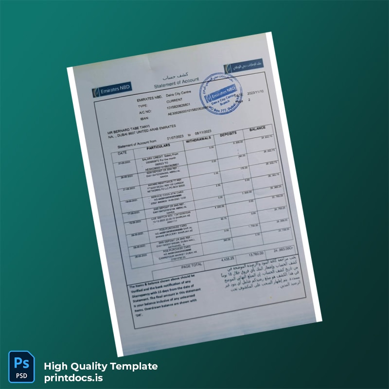 UAE Emirates NBD Bank Statement Template in Word and PDF formats page 2