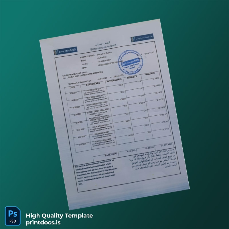 UAE Emirates NBD Bank Statement Template in Word and PDF formats page 3