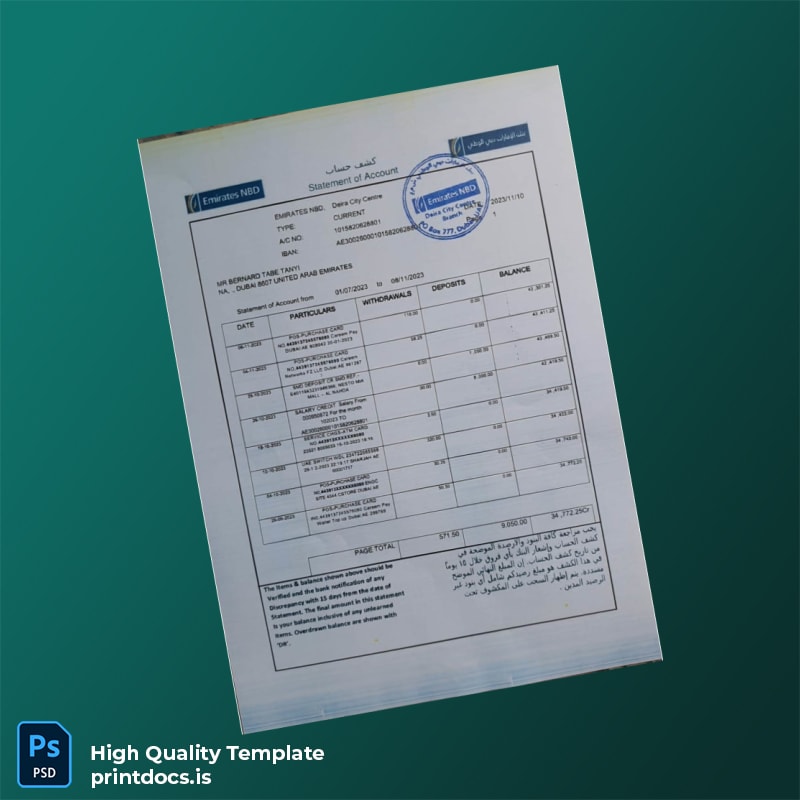UAE Emirates NBD Bank Statement Template in Word and PDF formats