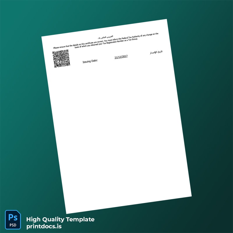 Printable UAE Federal Tax Authority VAT Registration Certificate Template in Word and PDF formats page 2 Image Preview - PrintDocs