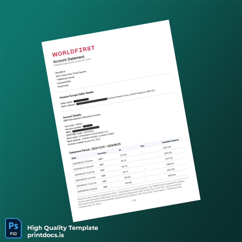 UK Bank Account Statement Template in Word and PDF formats