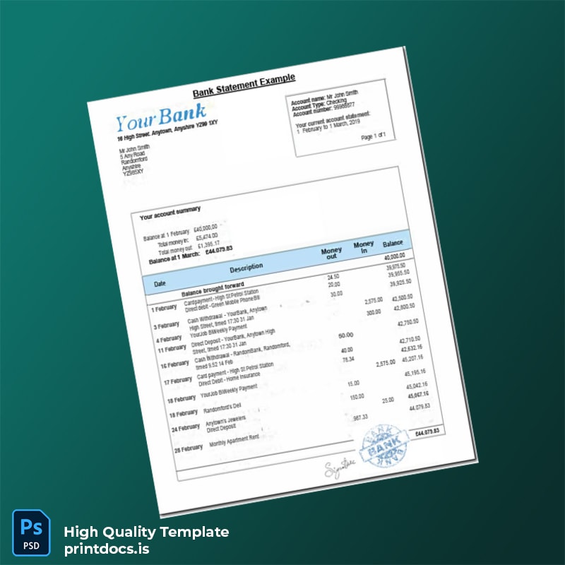 UK Bank Statement Template in Word and PDF formats