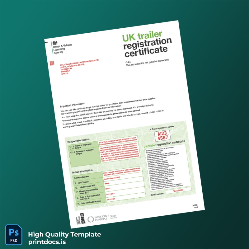 Printable UK DVLA Trailer Registration Certificate Template (Word & PDF) Image Preview - PrintDocs