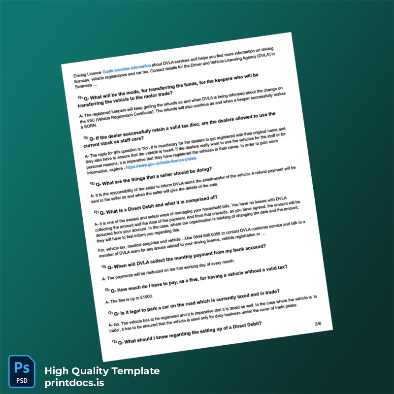 Printable UK DVLA Vehicle Registration FAQs Document Template in Word and PDF formats page 3 Image Preview - PrintDocs