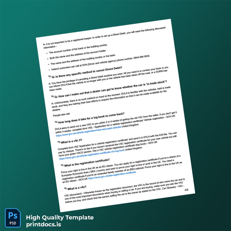 Printable UK DVLA Vehicle Registration FAQs Document Template in Word and PDF formats page 4 Image Preview - PrintDocs