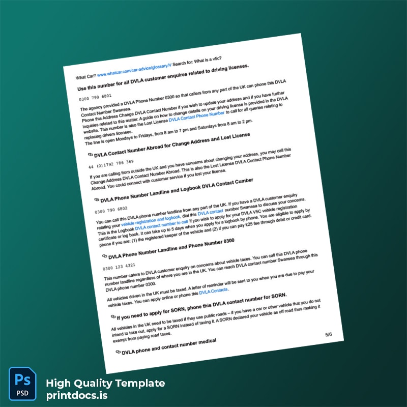 Printable UK DVLA Vehicle Registration FAQs Document Template in Word and PDF formats page 5 Image Preview - PrintDocs