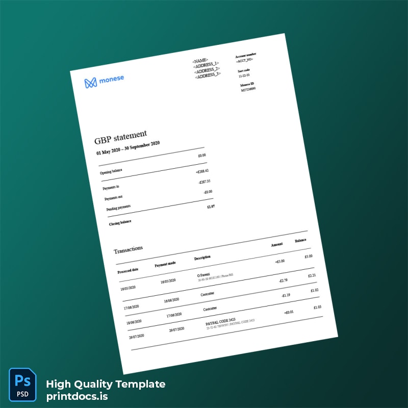 UK Monese Bank Statement Template in Word and PDF formats