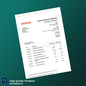UK Monzo Bank Statement Template in Word and PDF formats