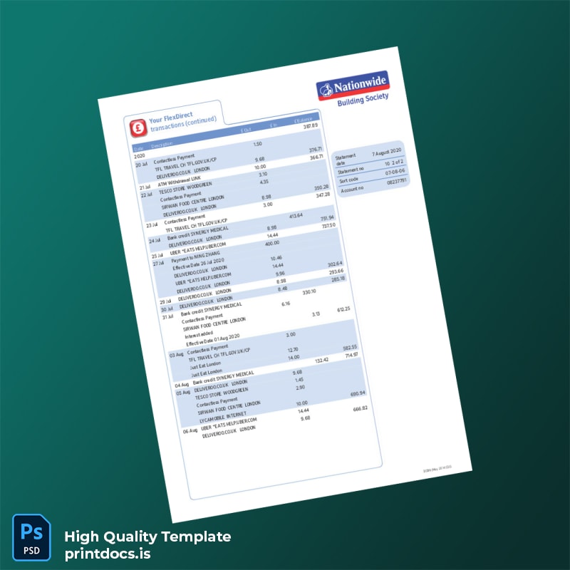 UK Nationwide Bank Statement Template in Word and PDF formats page 2