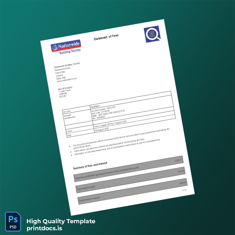 UK Nationwide Bank Statement Template in Word and PDF formats page 5