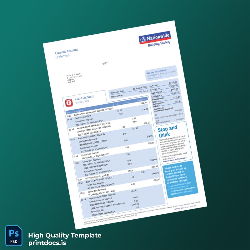 UK Nationwide Bank Statement Template in Word and PDF formats
