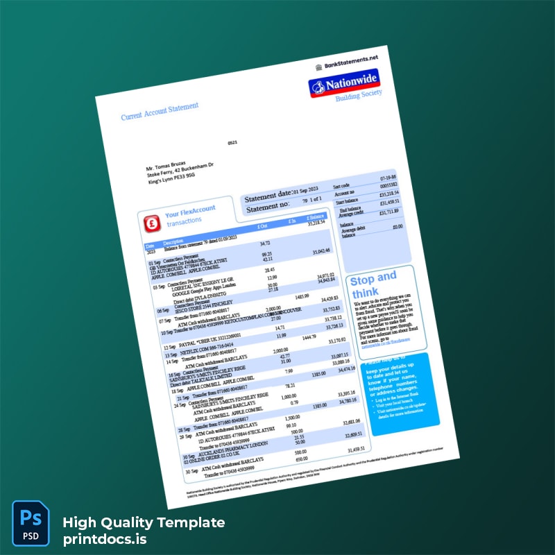 UK Nationwide Building Society Bank Statement Template in Word and PDF formats