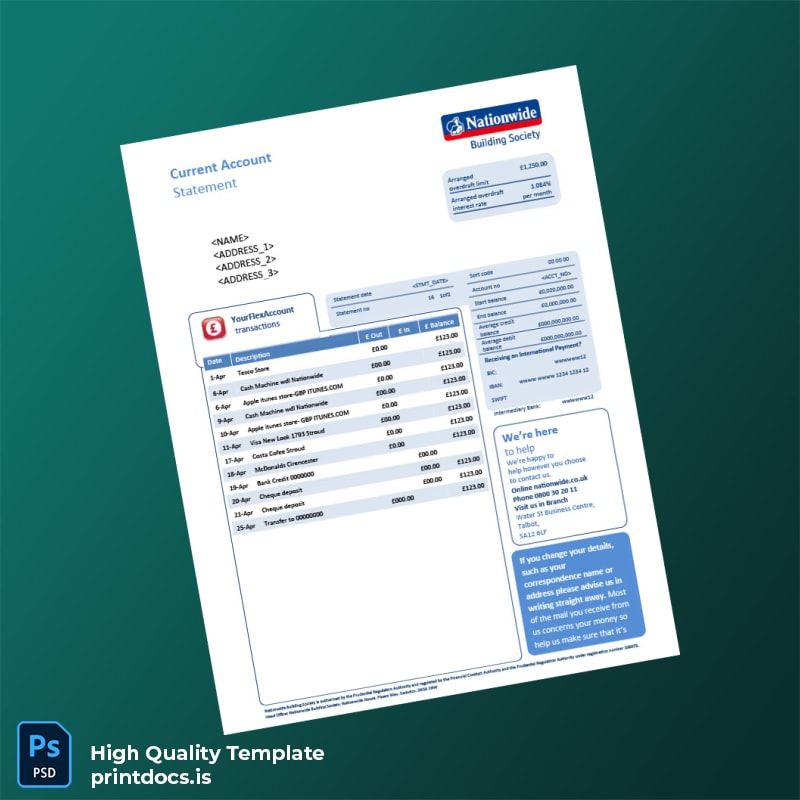 UK Nationwide Current Account Statement Template in Word and PDF formats
