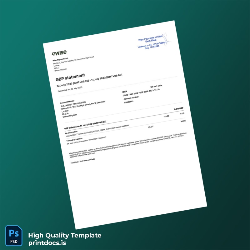 UK Wise Payments Ltd Bank Statement Template in Word and PDF formats