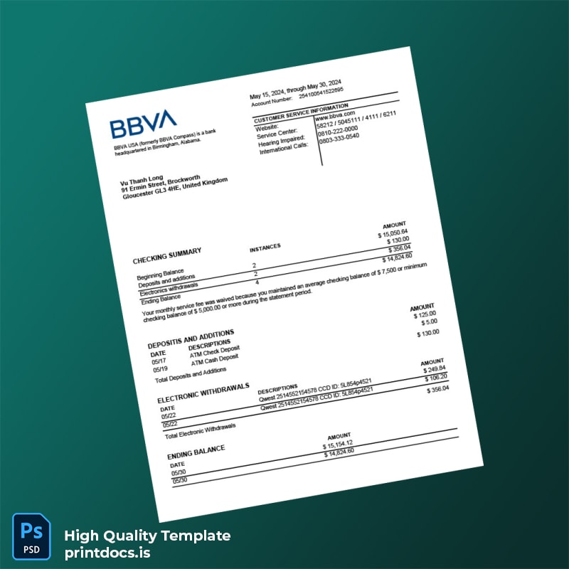 USA BBVA Checking Account Statement Template in Word and PDF formats