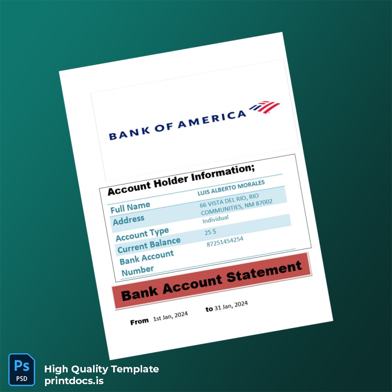 USA Bank of America Bank Account Statement Template in Word and PDF formats