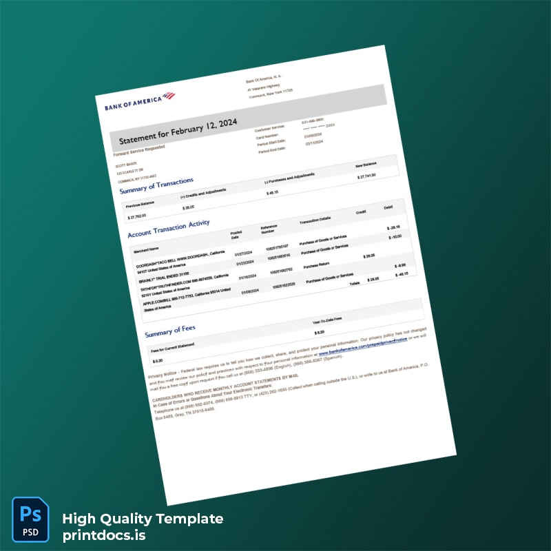 USA Bank of America Billing Bank Statement Template in Word and PDF formats