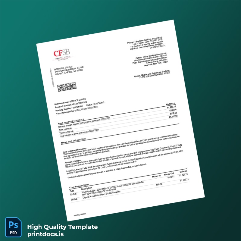 USA CFSB Bank Statement Template in Word and PDF formats