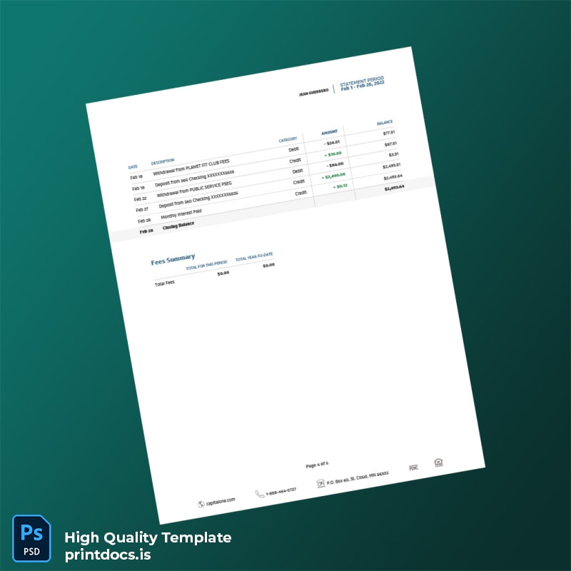 USA Capital One Bank Statement Template in Word and PDF formats page 4