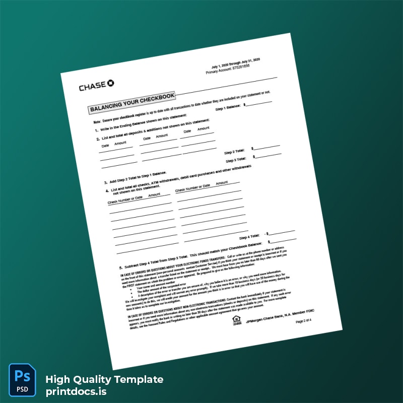USA Chase Bank Account Statement Template in Word and PDF formats page 2