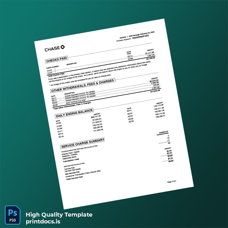 USA Chase Bank Statement Template in Word and PDF formats page 3