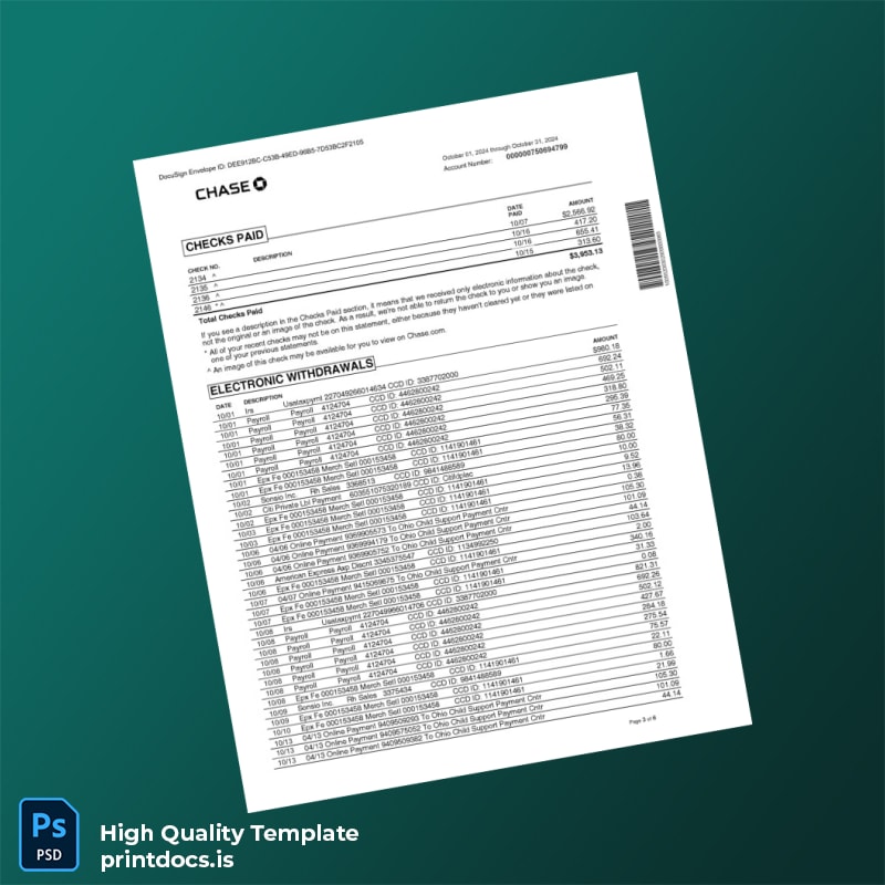 USA Chase Business Bank Statement Template in Word and PDF formats page 3